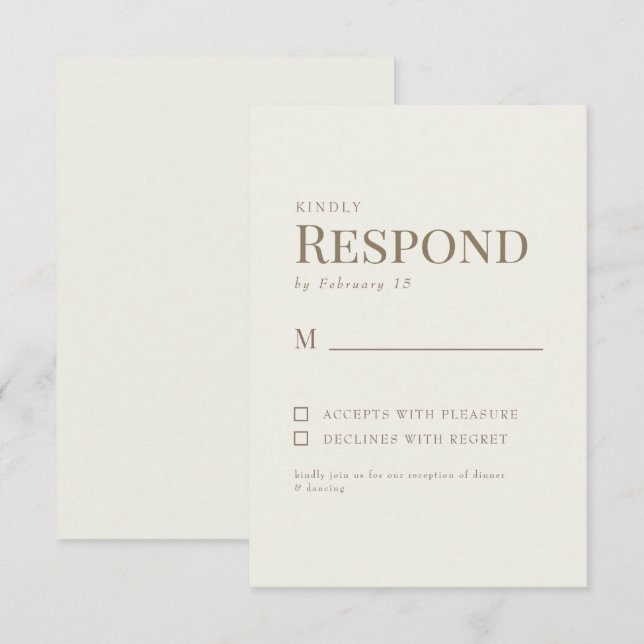 Einfache Cream Gold Text Wedding RSVP Karte (Vorne/Hinten)