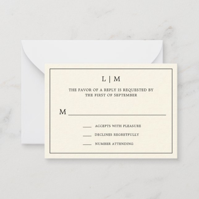 Einfache Cream Monogram Elegant Mini Wedding RSVP Mitteilungskarte (Vorderseite)