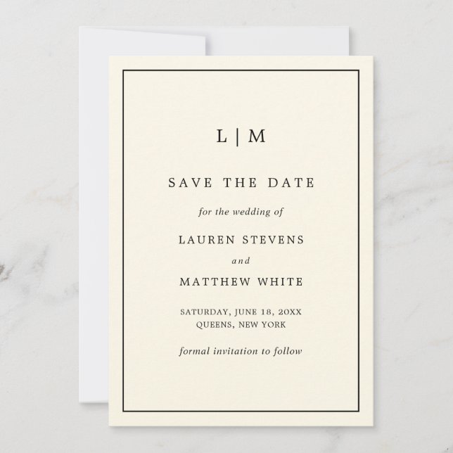 Einfache Cream Monogram Elegante Hochzeit Save The Date (Vorderseite)