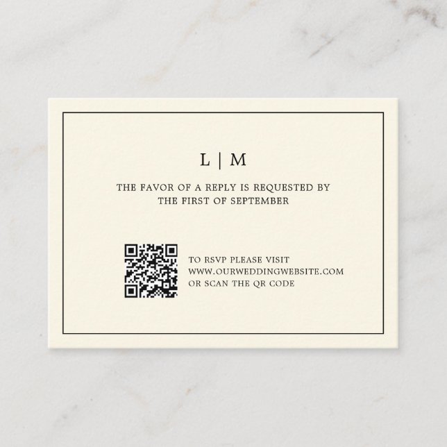 Einfache Cream Monogram QR Code Elegante Hochzeit Mitteilungskarte (Vorderseite)