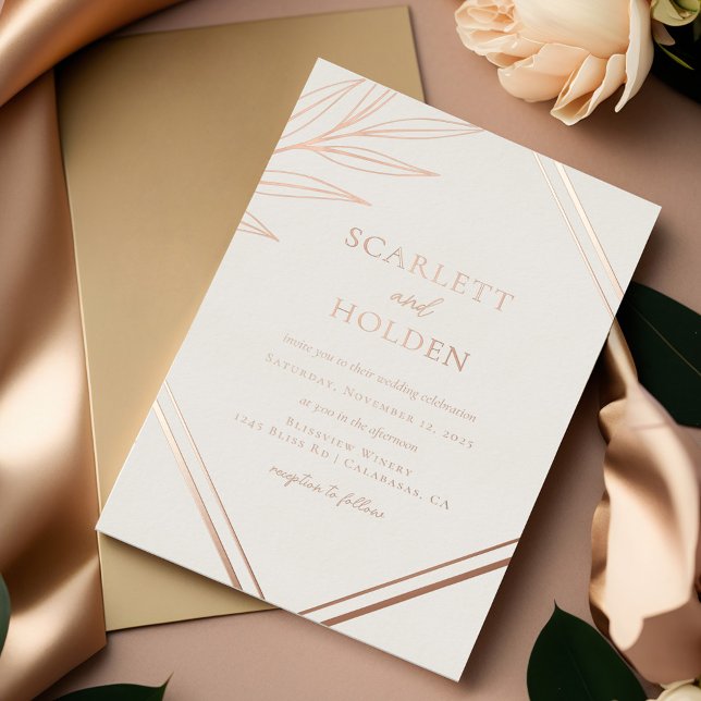 Einfache Creme und Rose Gold Leaf Hochzeit Folieneinladung (Von Creator hochgeladen)