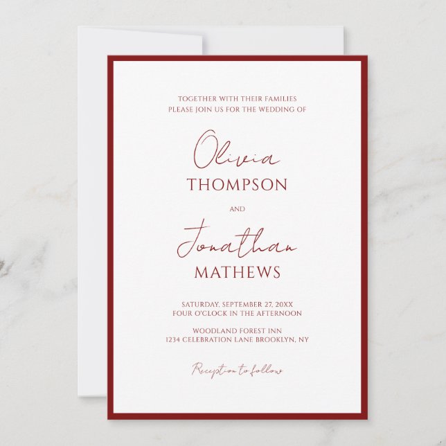 Einfache Crimson Red Border Script Foto Hochzeit Einladung (Vorderseite)