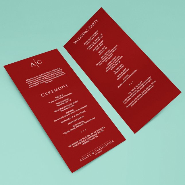 Einfache Crimson Red Monogram Hochzeitfeier Programm (Von Creator hochgeladen)