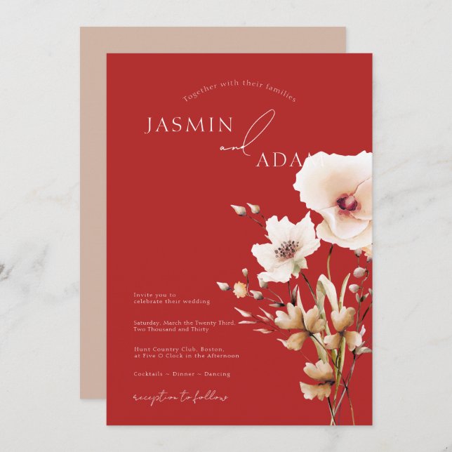 Einfache Crimson Red Pink Wildblumen Blumenhochzei Einladung (Vorne/Hinten)