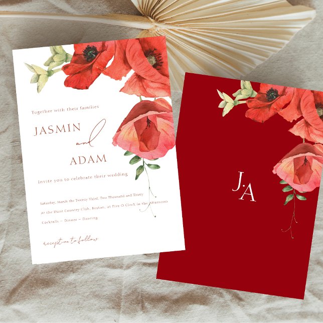 Einfache Crimson Red Poppy Bloral Wedding Einladun Einladung (Simple Crimson Red Poppy Floral Wedding Invitation)