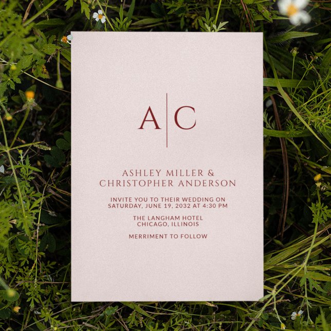 Einfache Crimson Red & Rose Monogram Wedding Einladung (Von Creator hochgeladen)