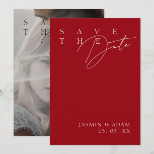 Einfache Crimson Red White Modern Foto Hochzeit Save The Date