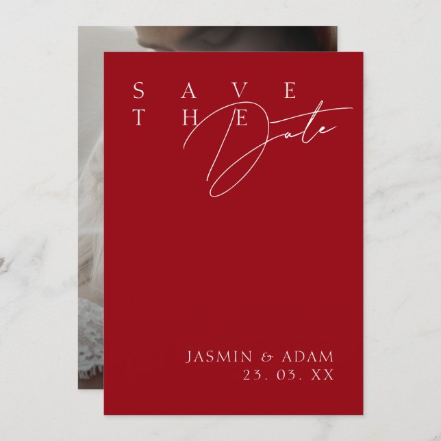Einfache Crimson Red White Modern Foto Hochzeit Save The Date (Vorne/Hinten)
