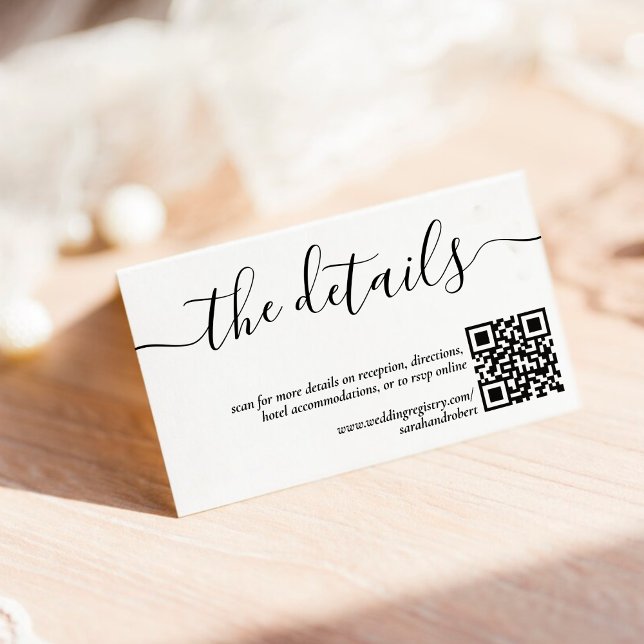 Einfache Details zu White & Black Script-Hochzeite Begleitkarte (Simple Black and White Script QR Code Wedding Details Enclosure Card)