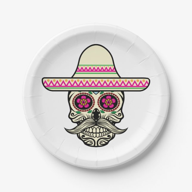 Einfache Dia de Muertos Skull mit Hat | Papiertell Pappteller (Vorderseite)