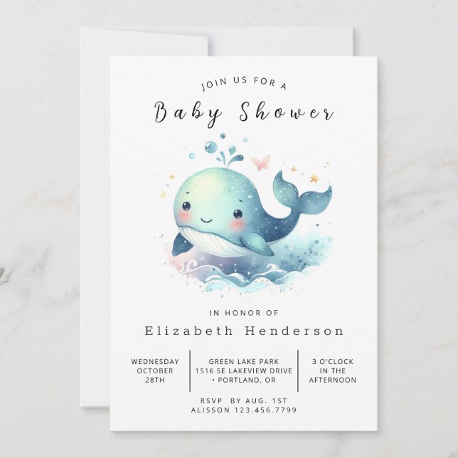 Einfache Digital Whale Baby Dusche Einladung (Vorderseite)