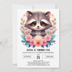 Einfache digitale Raccoon Girl Birthday Einladung