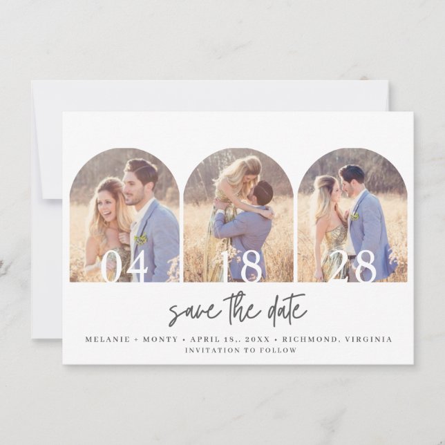 Einfache Drei-Bögen-Foto-Hochzeit Save The Date (Vorderseite)