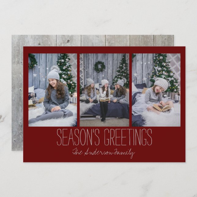 Einfache Drei-Foto-Ferienkarte Rustikal Feiertagskarte (Vorne/Hinten)