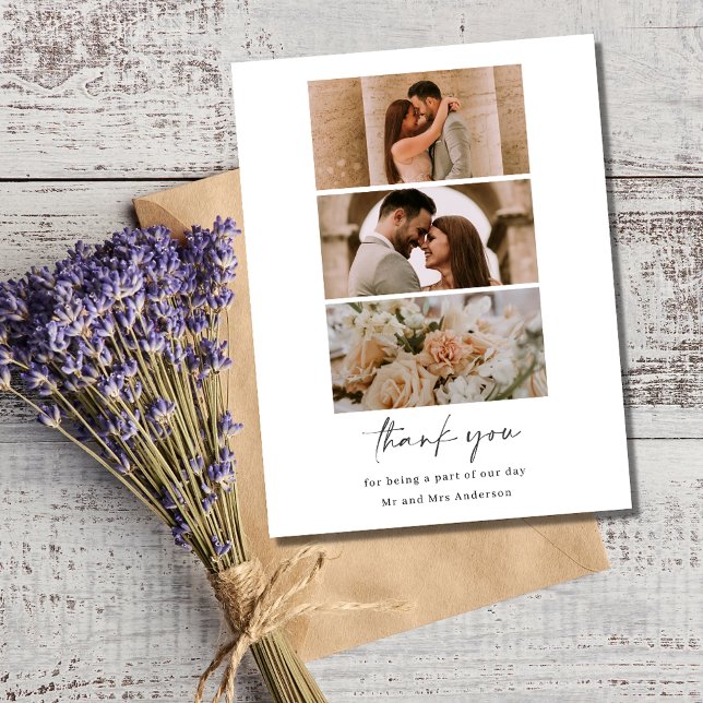 Einfache Drei-Foto-Hochzeit Danke Postkarte (Simple Three Photo Wedding Blank Thank You Postcard)