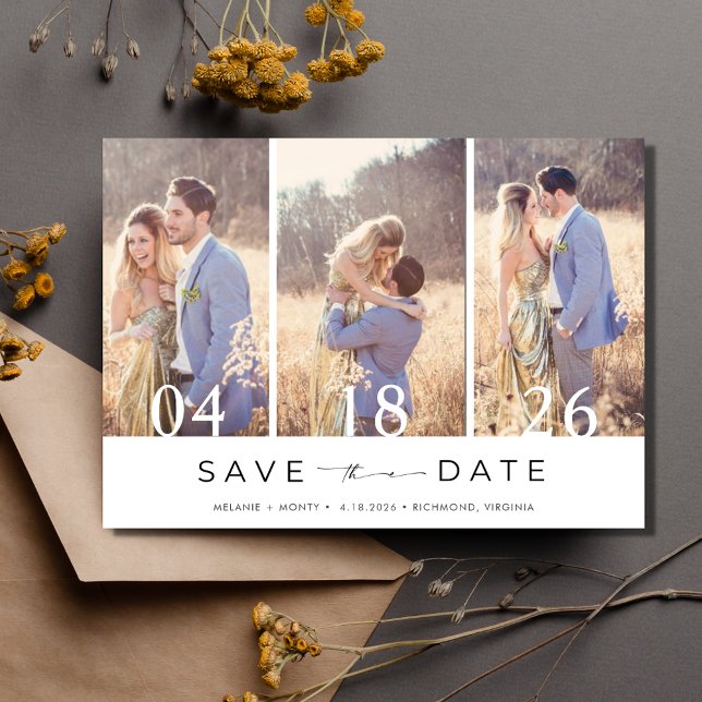 Einfache Drei-Foto-Hochzeit speichern Sie das Datu Save The Date (Simple Three Photo Wedding Save the Date)