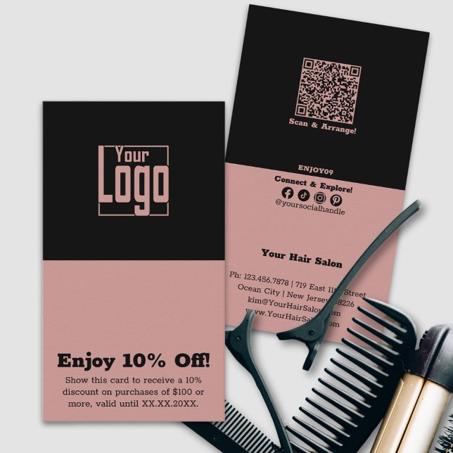 Einfache Dual-Tone-Haarstylist 10 % Rabatt (Simple Dual-Tone Hairstylist 10% Off Discount Card, Square Logo, QR code, Tracking, Social,)