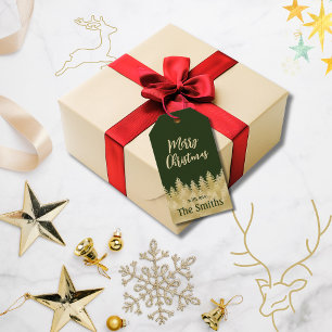 Einfache dunkelgrüne Goldpfannenbäume Frohe Weihna Geschenkanhänger