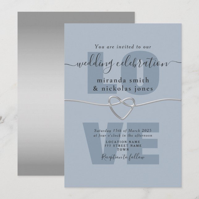 Einfache Dusty Blue Liebe Script Einladung Hochzei (Vorne/Hinten)