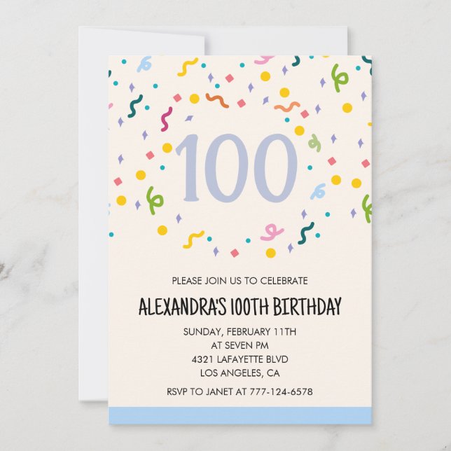 Einfache Einladung zum 100. Geburtstag Confetti Mo (Vorderseite)