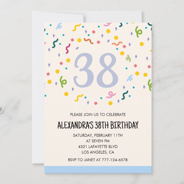 Einfache Einladung zum 38. Geburtstag Confetti Mod (Vorderseite)
