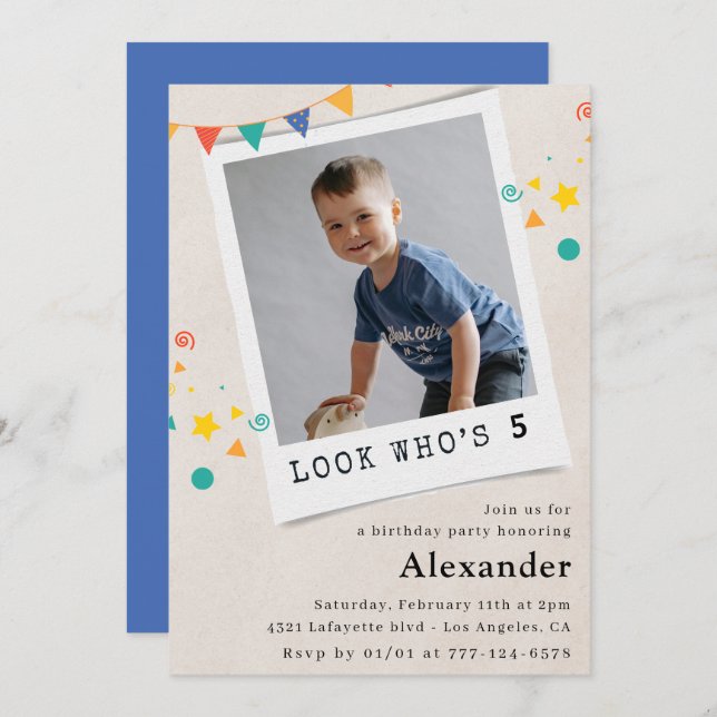 Einfache Einladung zum 5. Geburtstag Blue Foto (Vorne/Hinten)
