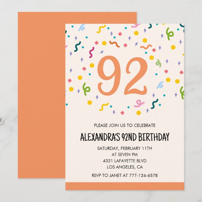 Einfache Einladung zum 92. Geburtstag Confetti Mod (Vorne/Hinten)