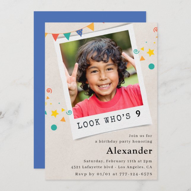 Einfache Einladung zum 9. Geburtstag Blue Foto (Vorne/Hinten)