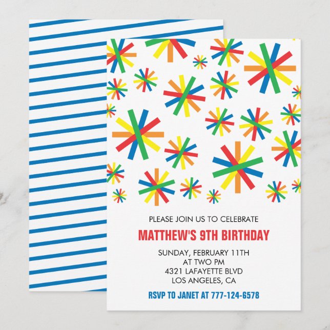 Einfache Einladung zum 9. Geburtstag Confetti Boy (Vorne/Hinten)
