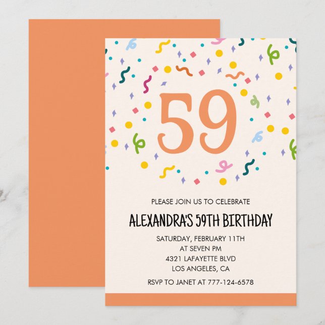 Einfache Einladungen Confetti 59. Geburtstag Moder (Vorne/Hinten)