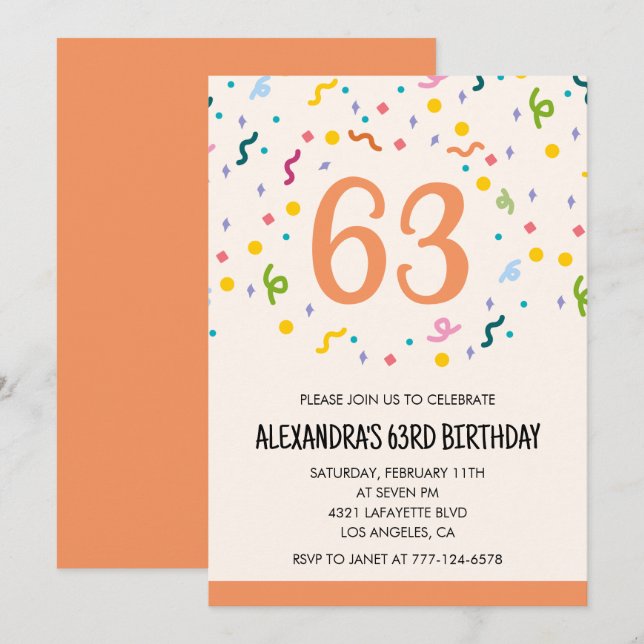 Einfache Einladungen Confetti 63. Geburtstag Moder (Vorne/Hinten)
