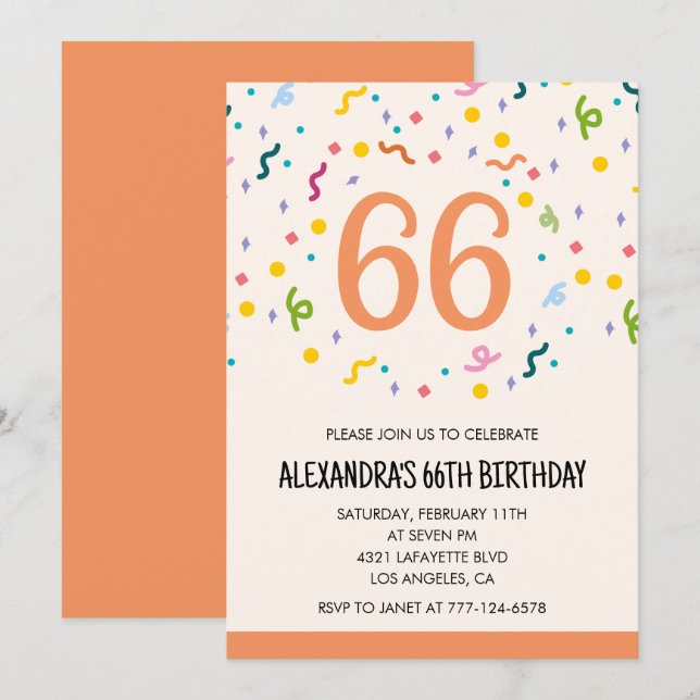 Einfache Einladungen Confetti 66. Geburtstag Moder (Vorne/Hinten)