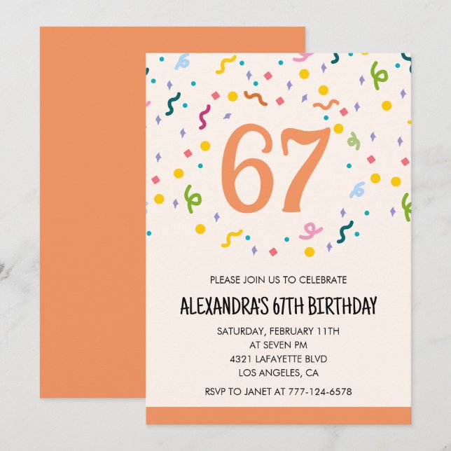 Einfache Einladungen Confetti 67. Geburtstag Moder (Vorne/Hinten)