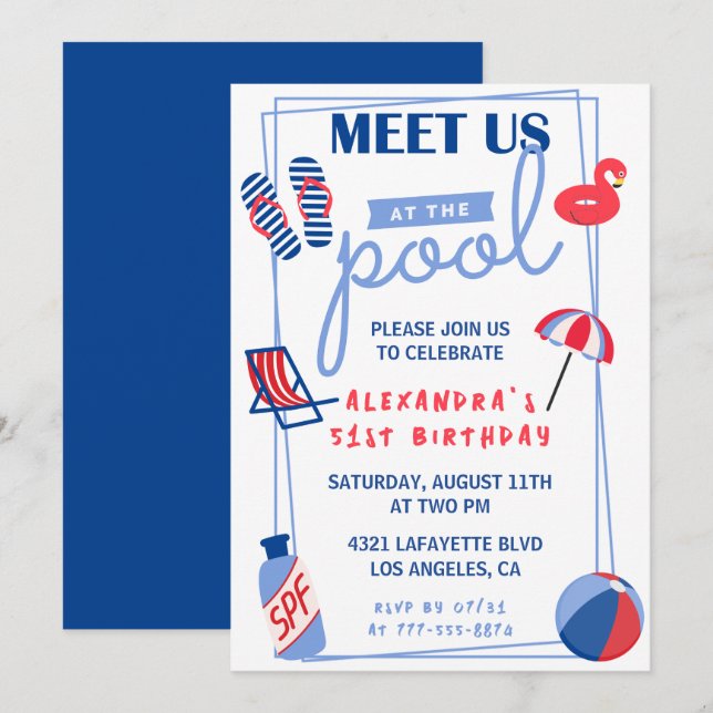 Einfache Einladungen zum 51. Geburtstag Pool Party (Vorne/Hinten)