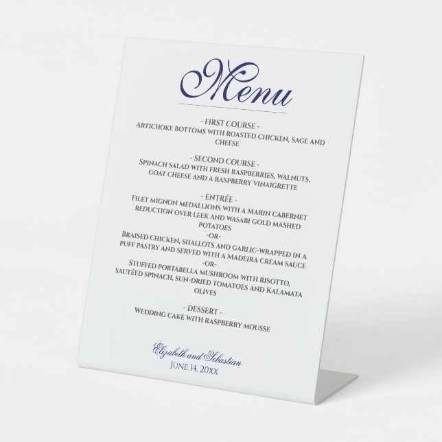 Einfache Elegance Blue & White Wedding Menu Sockelschild (Vorderseite)
