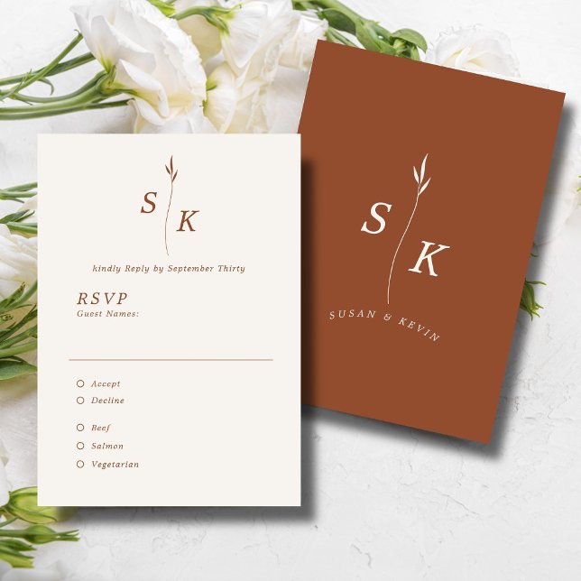 Einfache Elegance Leaf Monogram Chic Wedding RSVP Karte (Von Creator hochgeladen)