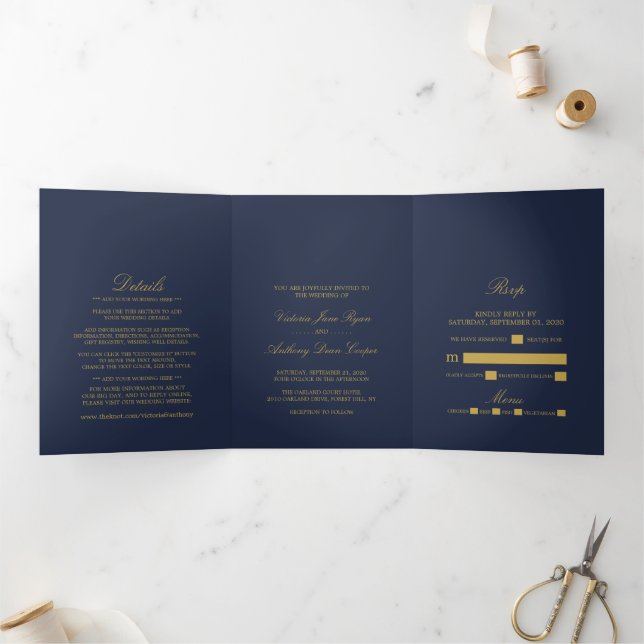 Einfache Elegance Navy Blue & Gold Wedding Suite Dreifach Gefaltete Einladung (Innenseite)
