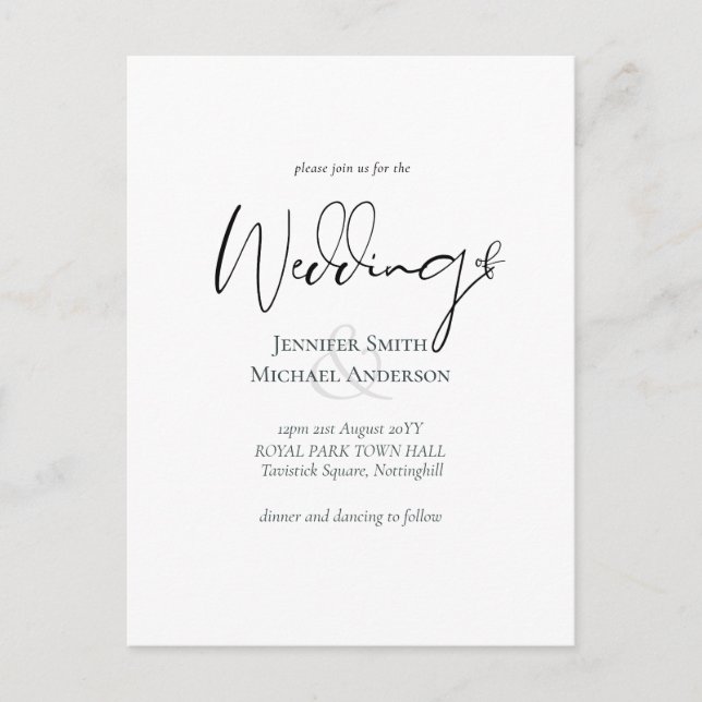 Einfache Elegance Script Moderne Budget Hochzeit Postkarte (Vorderseite)