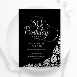 Einfache Elegant 30. Geburtstag Black Silver Rose Einladung