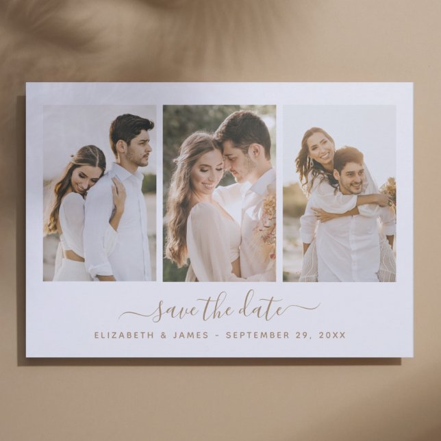Einfache Elegant 3 Foto Save the Date Einladung (3 photo save the date simple elegant bohemian wedding)