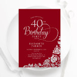 Einfache Elegant 40. Geburtstag Rot Silver Rose Einladung<br><div class="desc">Einfache elegante 40. Geburtstagsfeier Party Einladung in Rot und Silber. Klassisches Design mit Rose,  Imitaten Silberfolie und Typografie Script Schriftart. Die trendige Einladungskarte eignet sich perfekt für eine stilvolle Damenfeier. Personalisieren Sie Ihre persönlichen Daten. Kann für jedes Alter angepasst werden. Gedruckte Zazzle-Einladungen oder Sofortdownload digitaler Druckvorlage.</div>