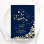 Einfache Elegant 50. Geburtstag Navy Gold Rose Einladung<br><div class="desc">Einfache elegante 50. Geburtstagsfeier in Marineblau und Gold. Klassisches Design mit Rose,  Imitaten Goldfolie und Typografie Script Schriftart. Die trendige Einladungskarte eignet sich perfekt für eine stilvolle Damenfeier. Personalisieren Sie Ihre persönlichen Daten. Kann für jedes Alter angepasst werden. Gedruckte Zazzle-Einladungen oder Sofortdownload digitaler Druckvorlage.</div>