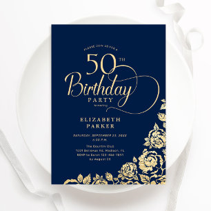 Einfache Elegant 50. Geburtstag Navy Gold Rose Einladung