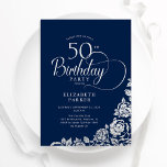 Einfache Elegant 50. Geburtstag Navy Silver Rose Einladung<br><div class="desc">Einfache elegante 50. Geburtstagsfeier in Marine und Silber. Klassisches Design mit Rose,  Imitaten Silberfolie und Typografie Script Schriftart. Die trendige Einladungskarte eignet sich perfekt für eine stilvolle Damenfeier. Personalisieren Sie Ihre persönlichen Daten. Kann für jedes Alter angepasst werden. Gedruckte Zazzle-Einladungen oder Sofortdownload digitaler Druckvorlage.</div>