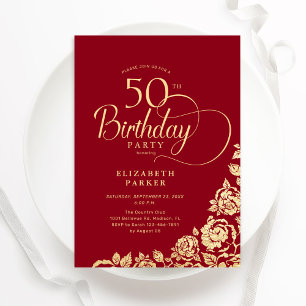 Einfache Elegant 50. Geburtstag Rote Rose Einladung