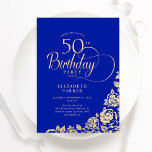 Einfache Elegant 50. Geburtstag Royal Blue Gold Ro Einladung<br><div class="desc">Einfache elegante 50. Geburtstagsfeier in königsblau und gold. Klassisches Design mit Rose,  Imitaten Goldfolie und Typografie Script Schriftart. Die trendige Einladungskarte eignet sich perfekt für eine stilvolle Damenfeier. Personalisieren Sie Ihre persönlichen Daten. Kann für jedes Alter angepasst werden. Gedruckte Zazzle-Einladungen oder Sofortdownload digitaler Druckvorlage.</div>