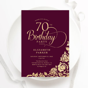 Einfache Elegant 70. Geburtstag Burgundy Gold Einladung