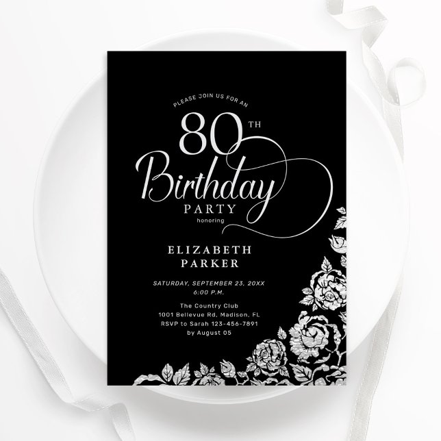 Einfache Elegant 80. Geburtstag Black Silver Rose Einladung (Von Creator hochgeladen)