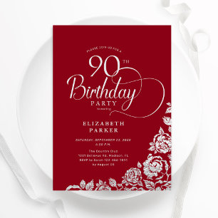Einfache Elegant 90. Geburtstag Rot Silver Rose Einladung