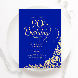 Einfache Elegant 90. Geburtstag Royal Blue Gold Ro Einladung